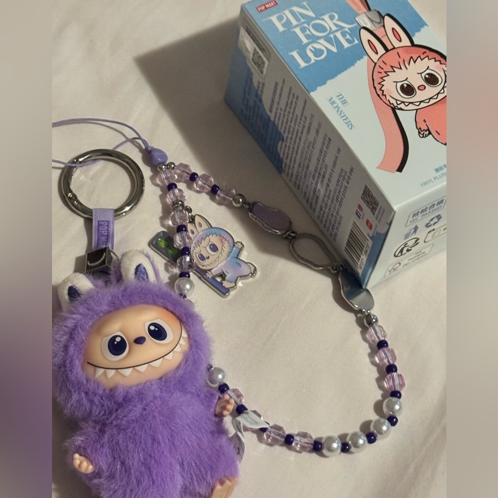 LABUBU Purple Vinyl Plush Pendant + Purple Phone Charm. Open box - new.